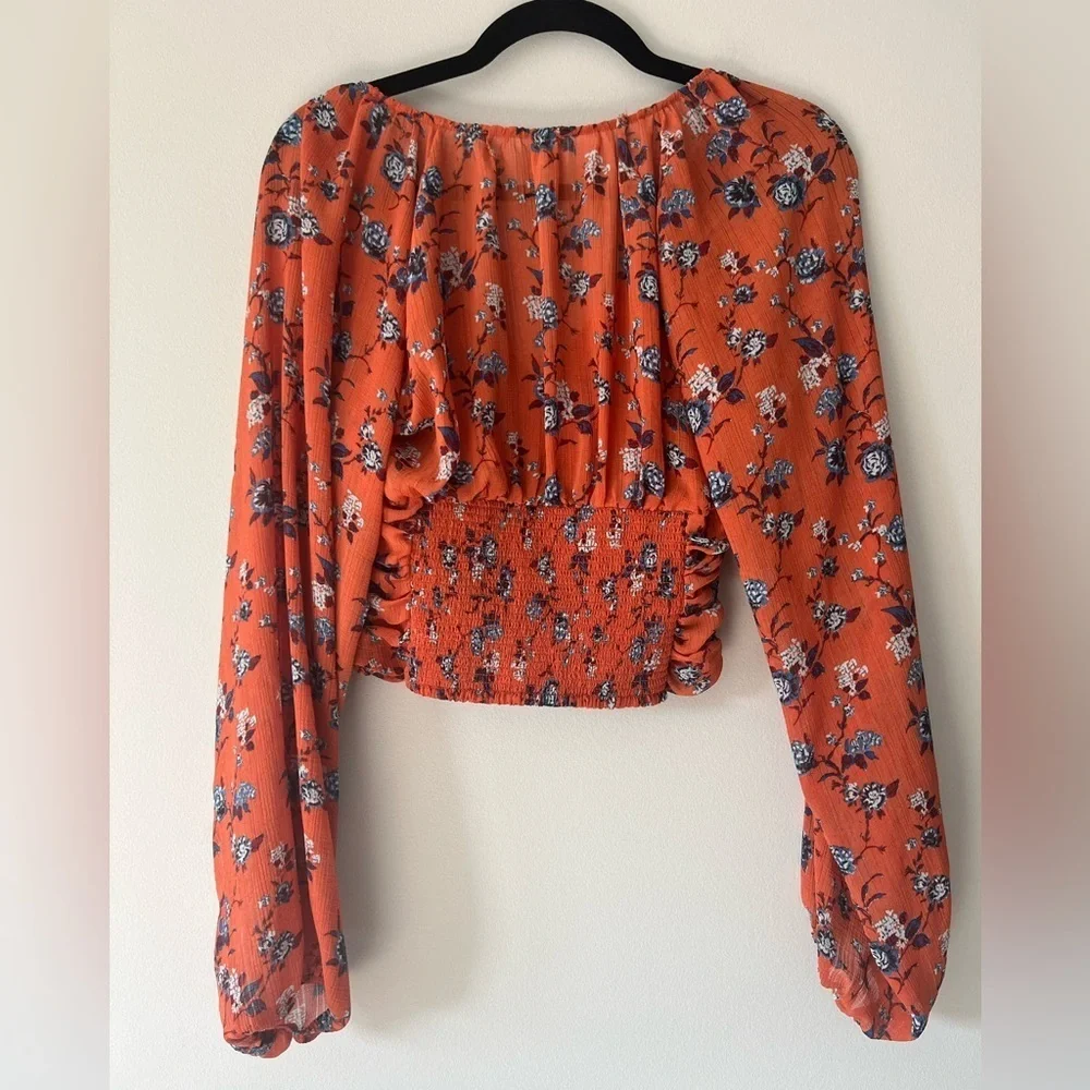Free People Final Rose Rust Floral Ruched V-Neck Blouse XS
